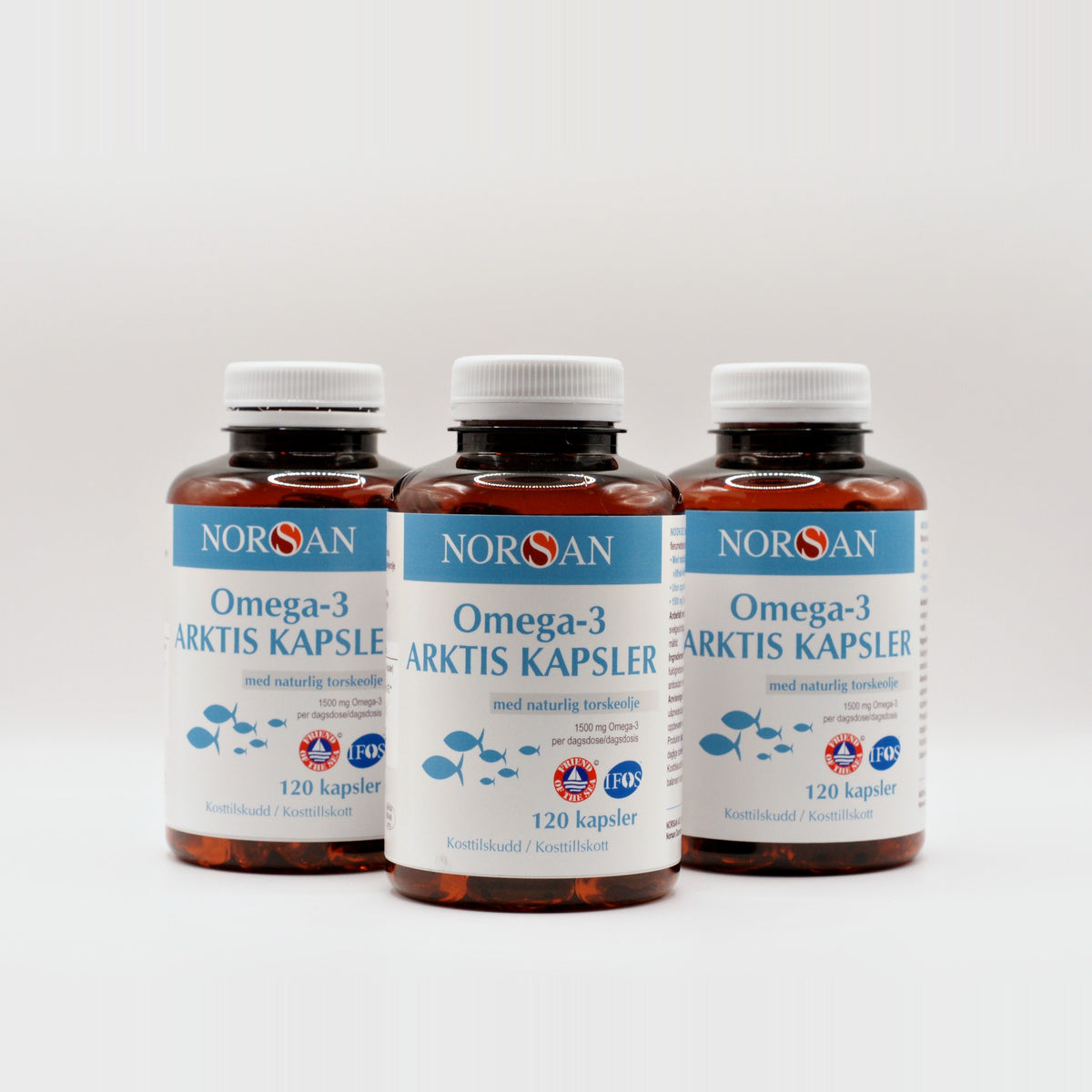 Tre bøtter NORSAN Omega-3 Arktis Kapsler