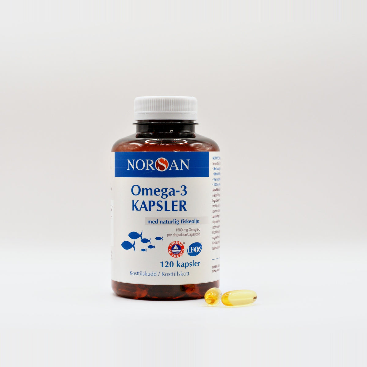 NORSAN Omega-3 Kapsler med naturlig fiskeolie, bøtte med 120 kapsler