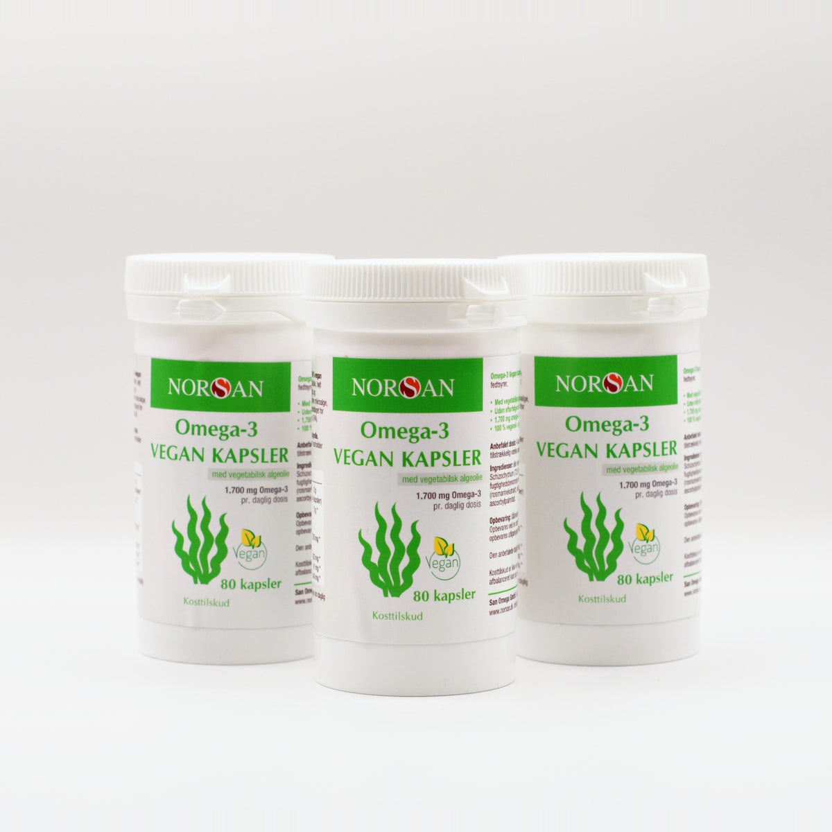 Tre bøtter NORSAN Omega-3 Vegan Kapsler