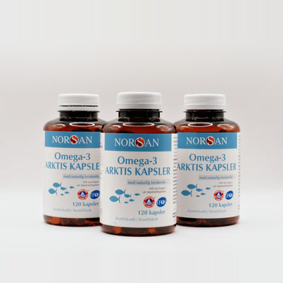 Tre bøtter NORSAN Omega-3 Arktis Kapsler