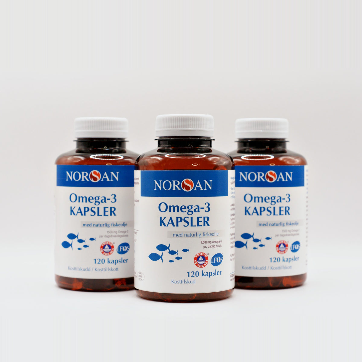Tre bøtter NORSAN Omega-3 Kapsler