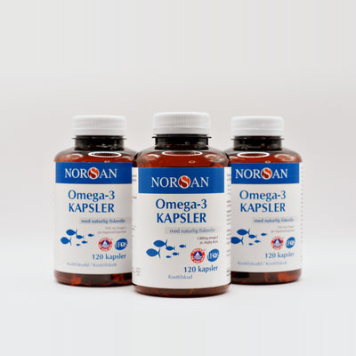 Tre bøtter NORSAN Omega-3 Kapsler
