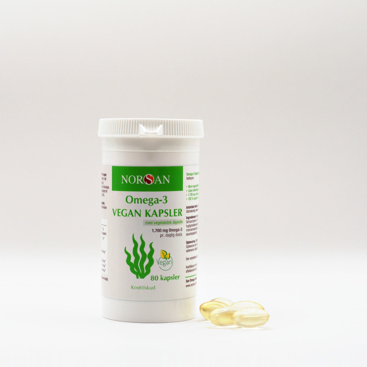 NORSAN Omega-3 Vegan Kapsler med algeolie, bøtte med 80 kapsler